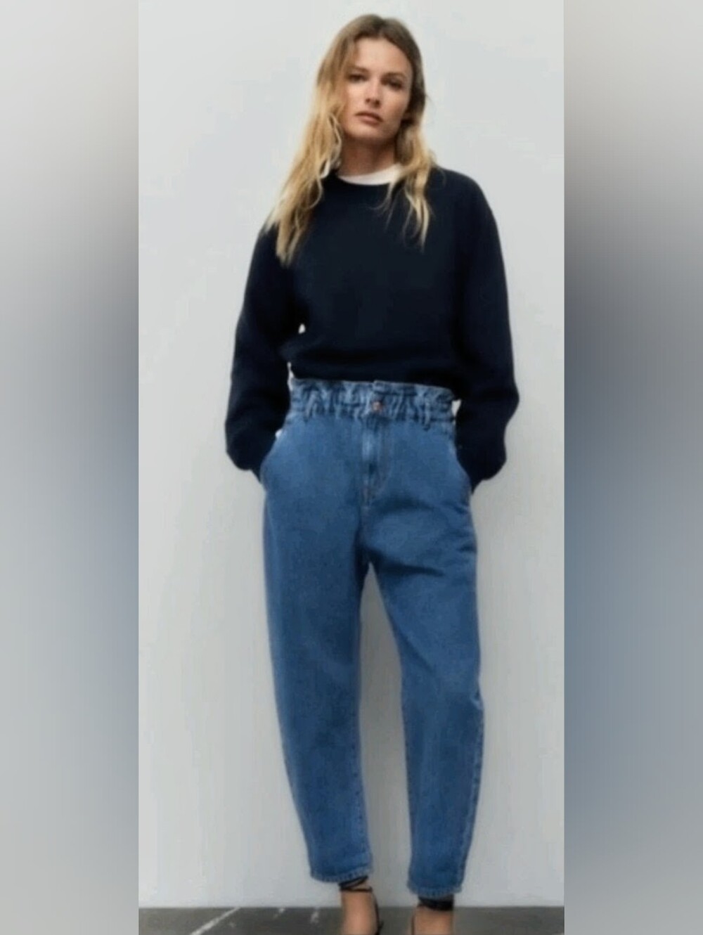 Zara High Rise Paperbag Waist Baggy Mom Jeans Blue Denim Size 6